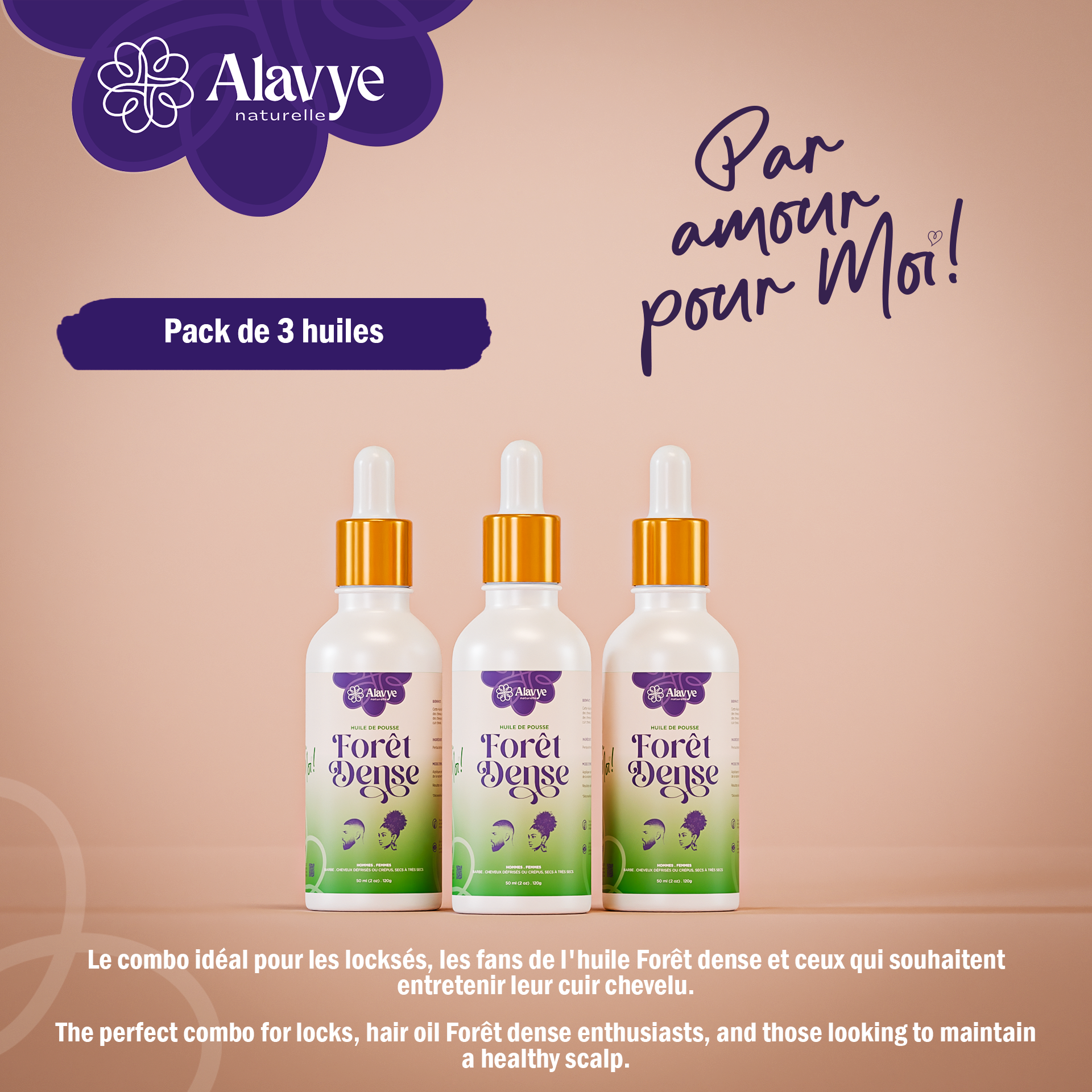 Pack de 3 huiles Alavye naturelle pour les cheveux et la barbe